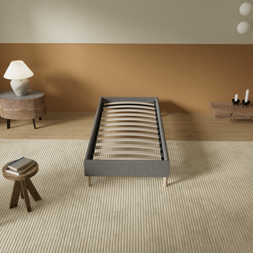 Sommier 80x200 cm, tissu gris, pieds en bois
