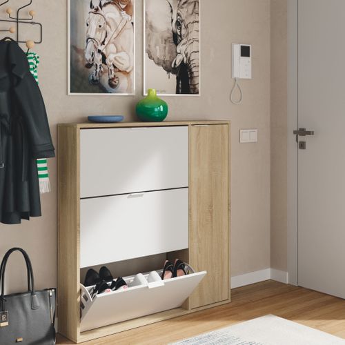 Meuble à Chaussures 4 Portes Coloris Blanc Et Chêne