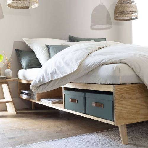 Lit En Bois Massif Naturel Avec Rangements 160x200