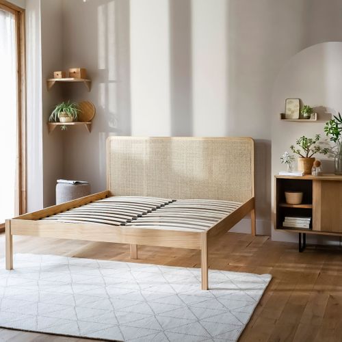 Lit Adulte En Pin Massif Avec Tête De Lit En Cannage 140x200