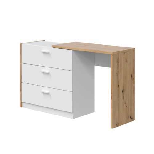 Bureau Extensible 3 Tiroirs Naturel Et Blanc