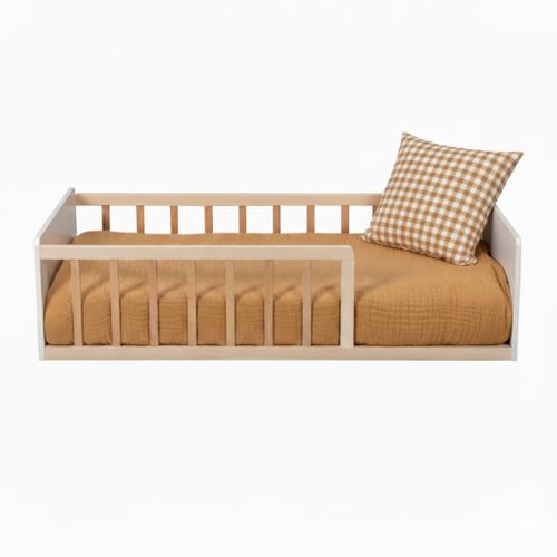Lit Enfant Inspiration Montessori Au Sol à Barreaux 90x190 Naturel Et Blanc