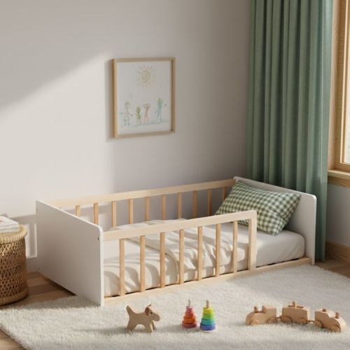 Lit Enfant Inspiration Montessori Au Sol à Barreaux 90x190 Naturel Et Blanc