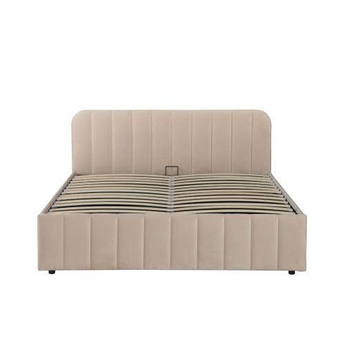 Lit Coffre En Velours Avec Tête De Lit Rembourrée Écru 160x200