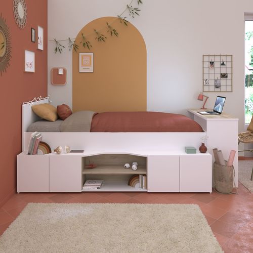 Lit Enfant 90x190/200 Avec Bureau Et Rangements Blanc
