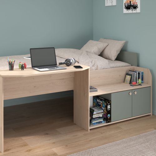 Lit Enfant 90x190/200 Avec Bureau Et Rangements Vert D'eau