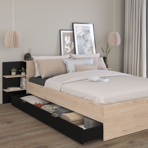 Lit Avec Tête De Lit Rangement Et Tiroir De Lit 140x190/200 Effet Bois Naturel Et Noir
