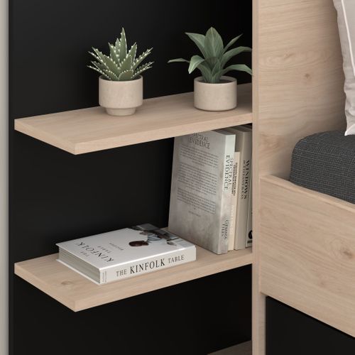 Lit Avec Tête De Lit Rangement Et Tiroir De Lit 140x190/200 Effet Bois Naturel Et Noir