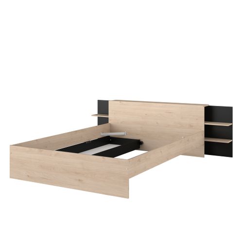 Lit Avec Tête De Lit Rangement Et Tiroir De Lit 140x190/200 Effet Bois Naturel Et Noir