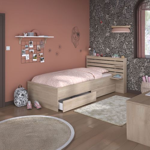 Lit Enfant 90x190/200 Avec Chevet Et Tiroirs Effet Bois Naturel