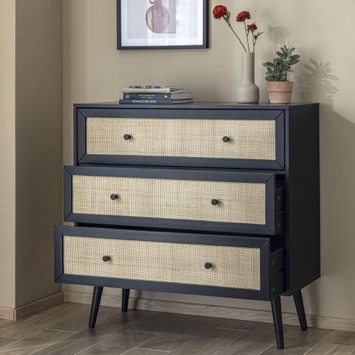 Commode Cannage Avec 3 Tiroirs Noir Anna