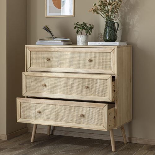 Commode Cannage Avec 3 Tiroirs Effet Bois Naturel Anna