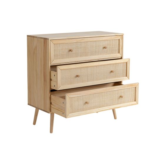 Commode Cannage Avec 3 Tiroirs Effet Bois Naturel Anna