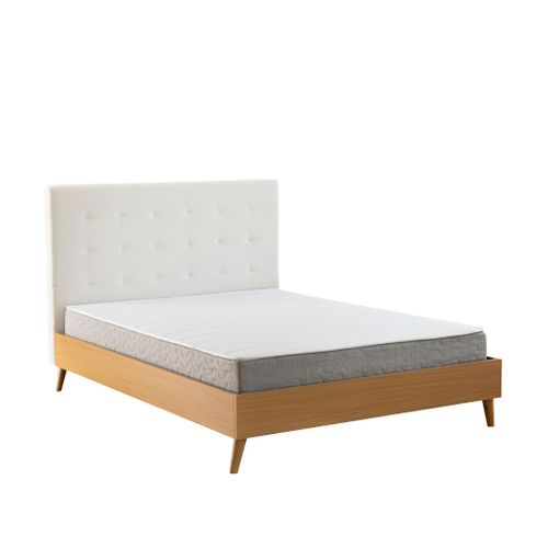 Lit 140x190 Avec Sommier Et Tête De Lit Capitonnée En Velours Écru