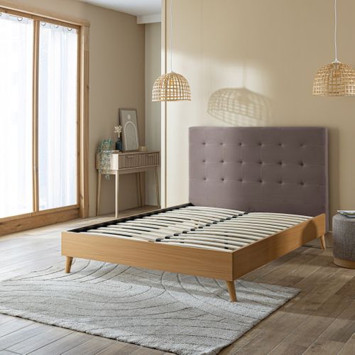 Lit 140x190 Avec Sommier Et Tête De Lit Capitonnée En Velours Taupe