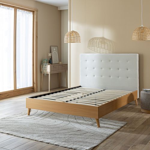 Lit 160x200 Avec Sommier Et Tête De Lit Capitonnée En Velours Beige