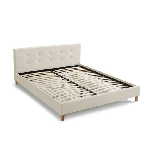 Lit 140x190 En Velours Avec Pieds En Bois Écru