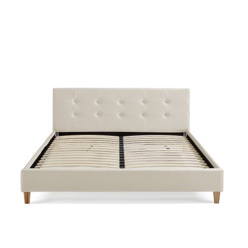 Lit 140x190 En Velours Avec Pieds En Bois Écru