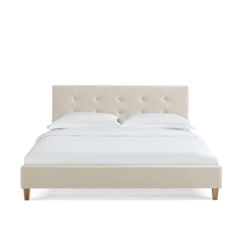 Lit 140x190 En Velours Avec Pieds En Bois Écru