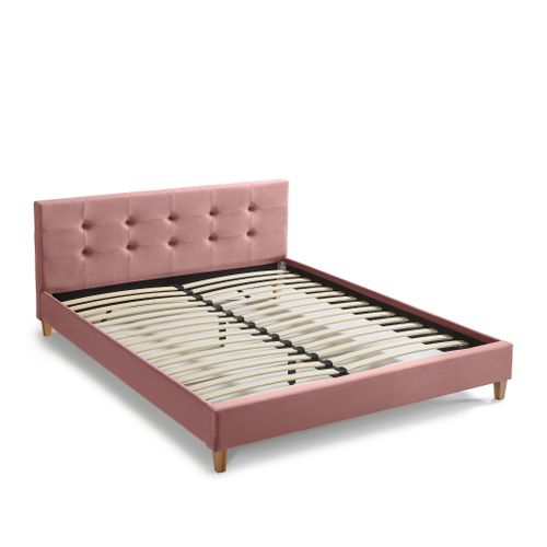 Lit 140x190 En Velours Avec Pieds En Bois Rose Poudré