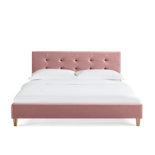 Lit 140x190 En Velours Avec Pieds En Bois Rose Poudré