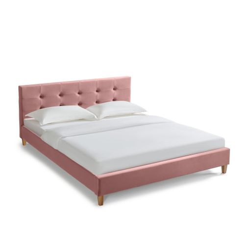 Lit 140x190 En Velours Avec Pieds En Bois Rose Poudré
