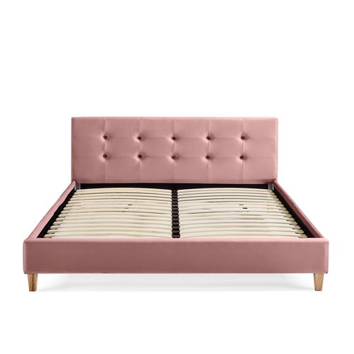 Lit 160x200 En Velours Avec Pieds En Bois Rose Poudré