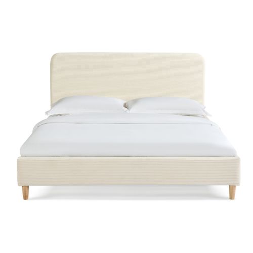 Lit 140x190 En Velours Côtelé Avec Pieds En Bois Écru