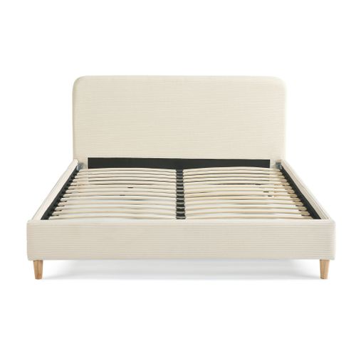 Lit 140x190 En Velours Côtelé Avec Pieds En Bois Écru