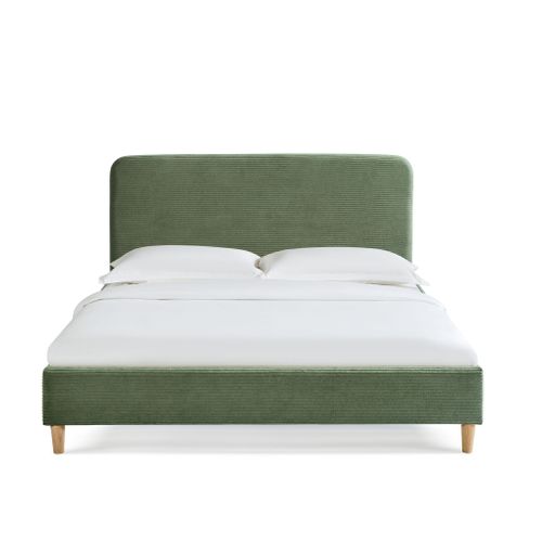 Lit 140x190 En Velours Côtelé Avec Pieds En Bois Kaki