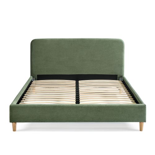 Lit 140x190 En Velours Côtelé Avec Pieds En Bois Kaki