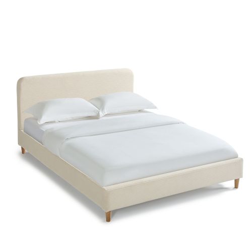 Lit 160x200 En Velours Côtelé Avec Pieds En Bois Écru