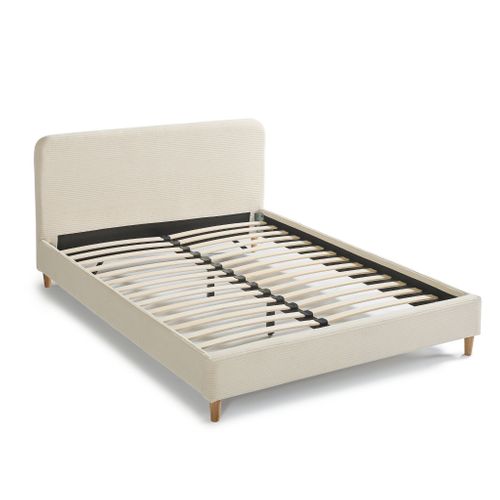 Lit 160x200 En Velours Côtelé Avec Pieds En Bois Écru