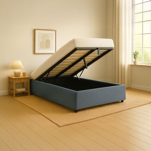 Lit Coffre En Velours Côtelé Grosses Côtes 140x190 Bleu