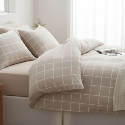 Parure De Lit Flanelle à Carreaux Beige