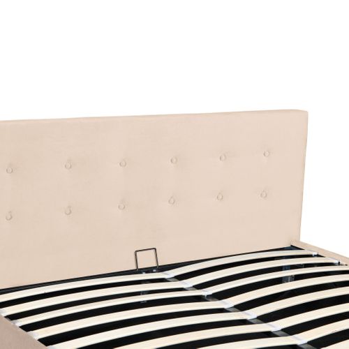 Lit Coffre 140x190 En Velours Lisse Écru Avec Tête De Lit Capitonnée