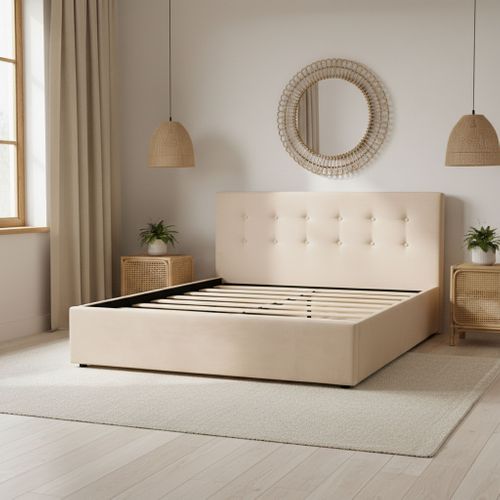 Lit Coffre 160x200 En Velours Lisse Écru Avec Tête De Lit Capitonnée