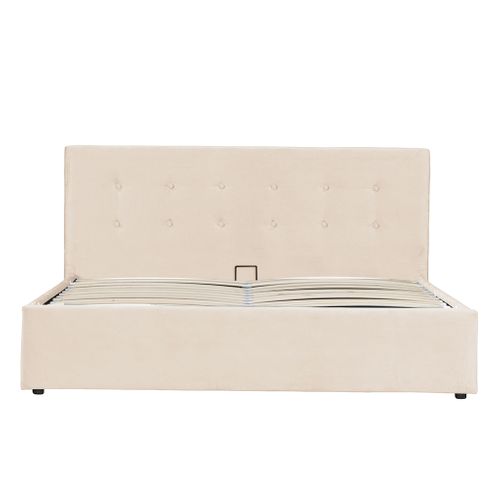 Lit Coffre 160x200 En Velours Lisse Écru Avec Tête De Lit Capitonnée