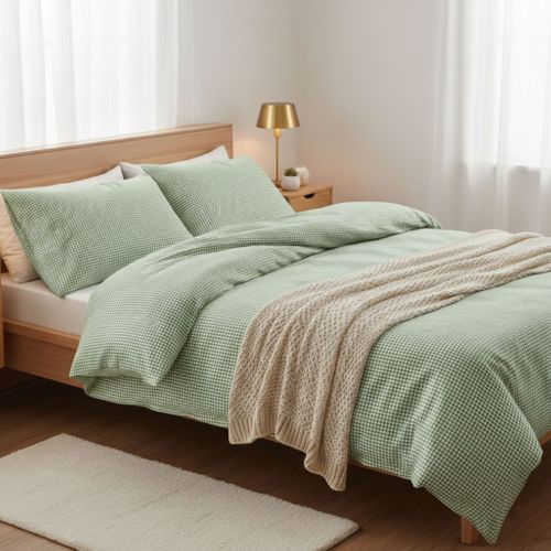 Parure De Lit Coton à Carreaux Vichy Vert 260x240 Cm