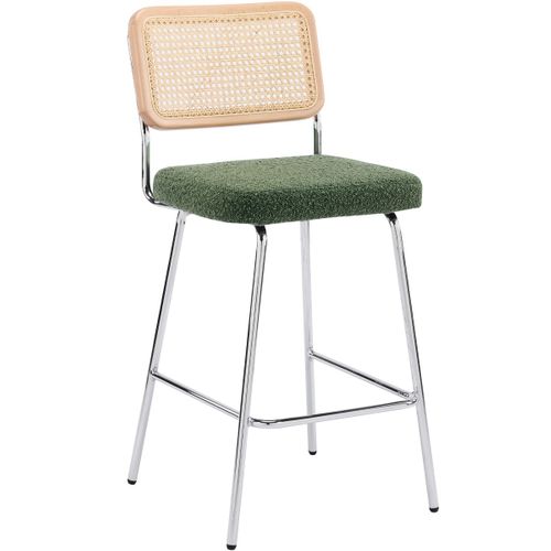 Lot De 2 Chaises De Bar En Cannage Et Tissu Bouclé Vert, Piètement Chromé - Muse