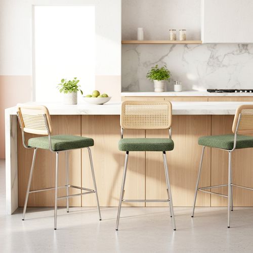 Lot De 2 Chaises De Bar En Cannage Et Tissu Bouclé Vert, Piètement Chromé - Muse