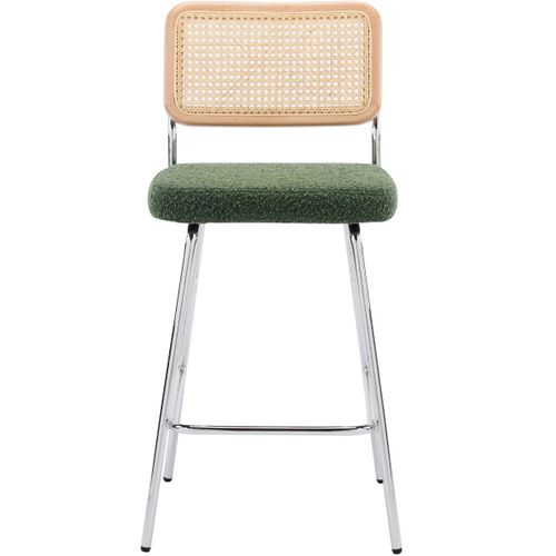 Lot De 2 Chaises De Bar En Cannage Et Tissu Bouclé Vert, Piètement Chromé - Muse