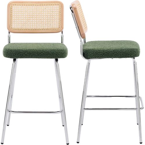 Lot De 2 Chaises De Bar En Cannage Et Tissu Bouclé Vert, Piètement Chromé - Muse
