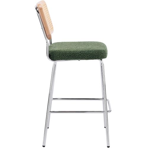 Lot De 2 Chaises De Bar En Cannage Et Tissu Bouclé Vert, Piètement Chromé - Muse