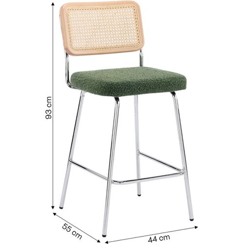 Lot De 2 Chaises De Bar En Cannage Et Tissu Bouclé Vert, Piètement Chromé - Muse