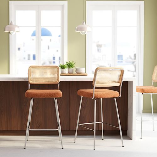 Lot De 2 Chaises De Bar En Cannage Et Tissu Bouclé Rouille, Piètement Chromé - Muse