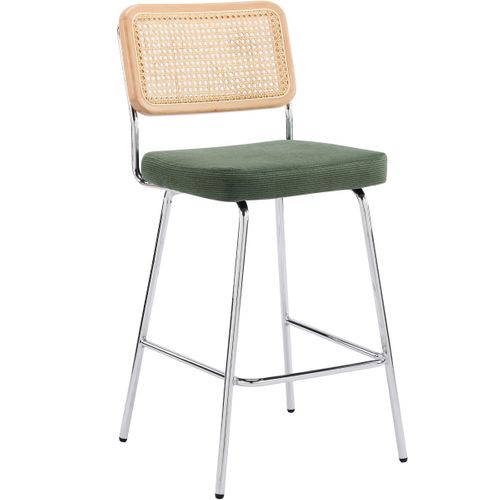 Lot De 2 Chaises De Bar En Cannage Et Velours Côtelé Vert Kaki, Piètement Chromé - Muse