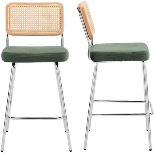 Lot De 2 Chaises De Bar En Cannage Et Velours Côtelé Vert Kaki, Piètement Chromé - Muse