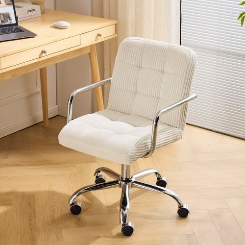 Fauteuil De Bureau Capitonné, Pivotant Et Réglable En Hauteur En Velours Côtelé Beige - Nolan