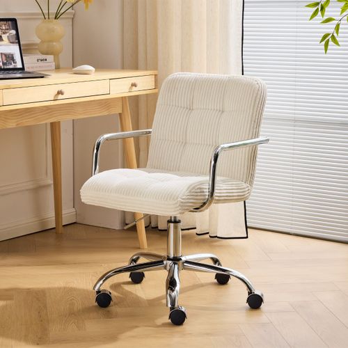 Fauteuil De Bureau Capitonné, Pivotant Et Réglable En Hauteur En Velours Côtelé Beige - Nolan